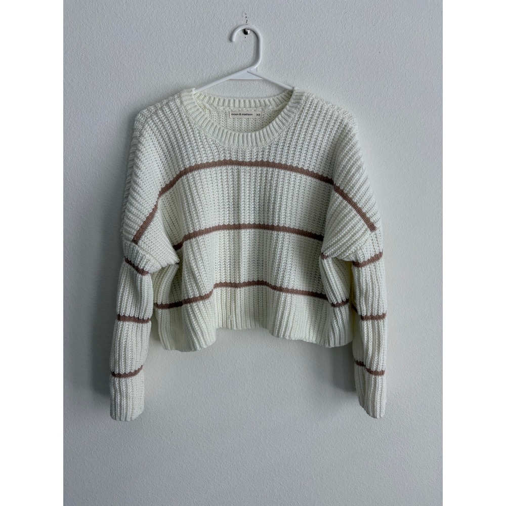 Moon & Madison Striped Cropped Shaker Knit Sweater Cream Mauve XS Slouchy